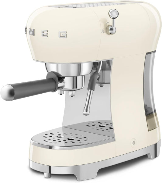 Smeg 50's Retro Style Aesthetic Espresso Coffee Machine, Professional Pressure and Anti Drip System, Cream- ECF02CRUK