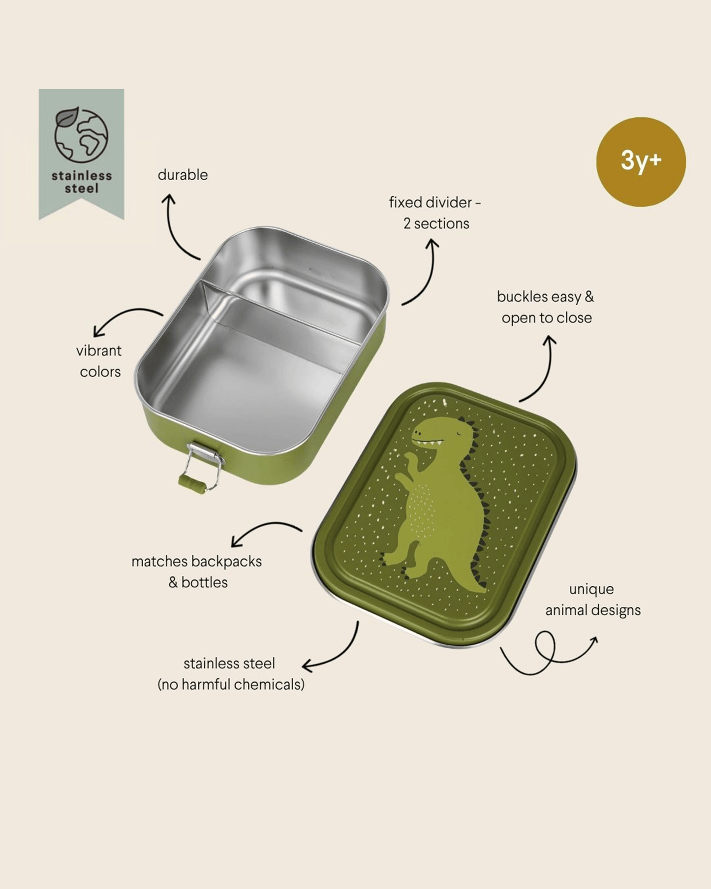 Trixie Stainless Steel Lunch Box Large - 2-Compartment - Mr. Dino