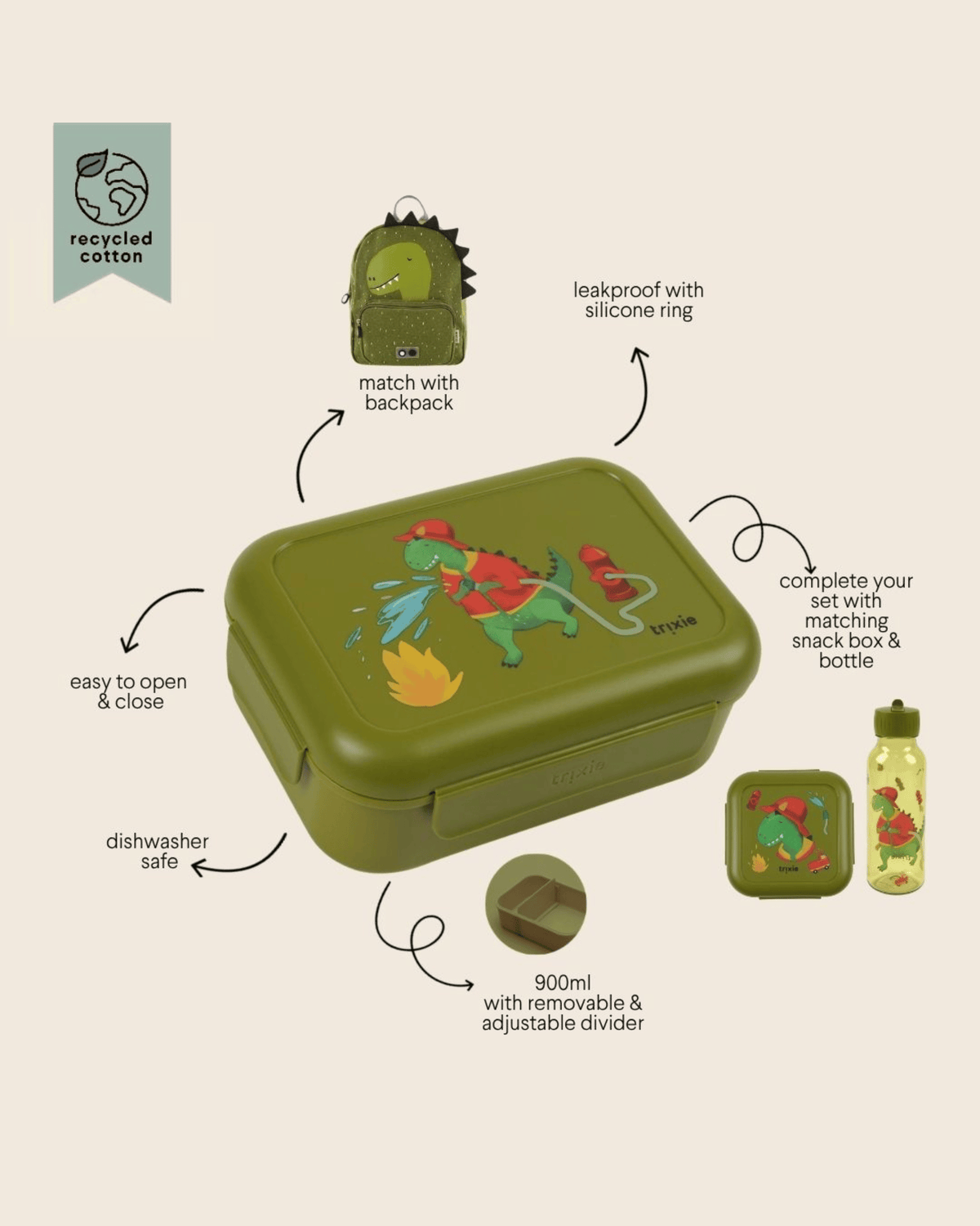 Trixie Lunch Box With Clips - Fireman Mr. Dino