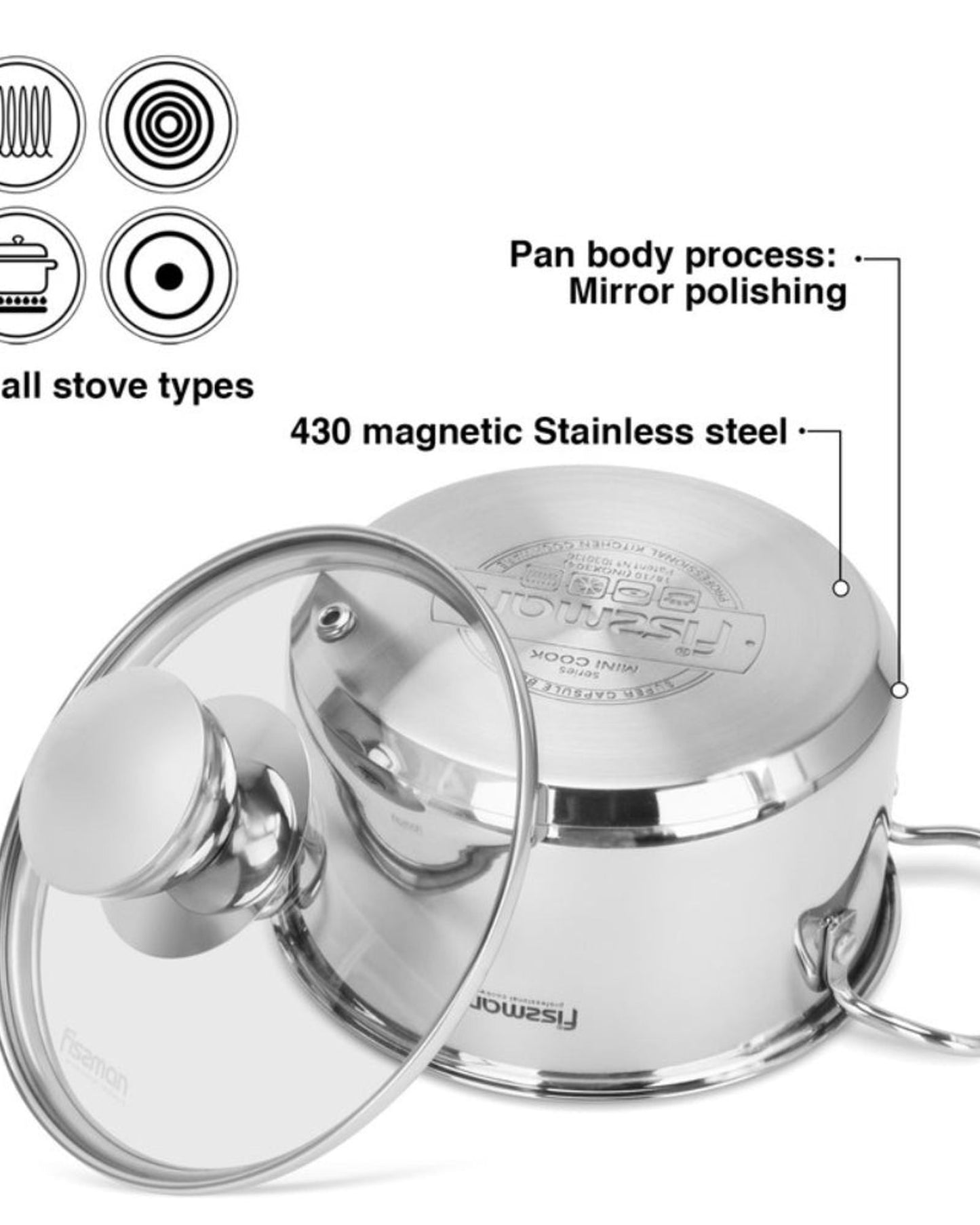 Fissman Cooking Pot 12cm/0.8 LTR with Glass Lid Stainless Steel
