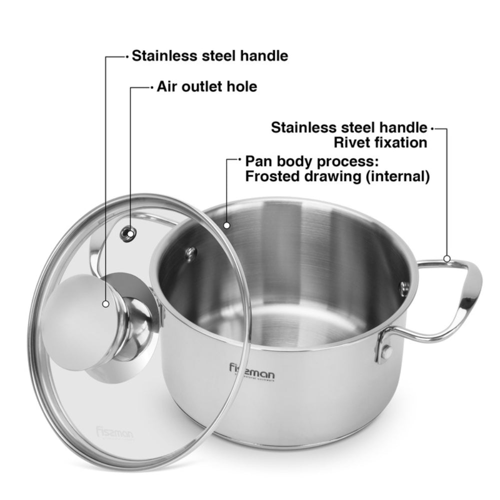 Fissman Cooking Pot with Glass Lid 14cm/0.9 LTR Stainless Steel