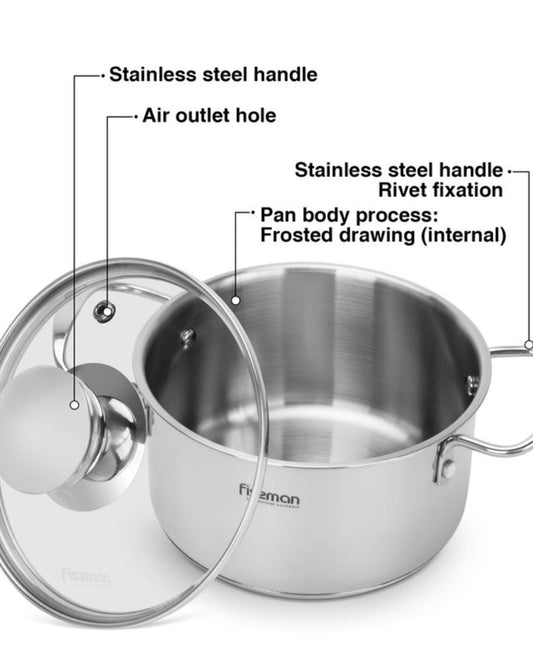 Fissman Cooking Pot with Glass Lid 14cm/0.9 LTR Stainless Steel