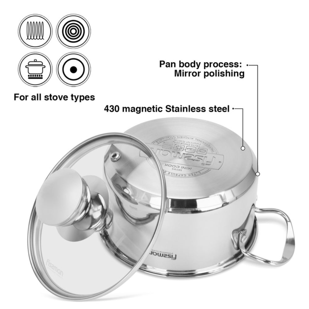 Fissman Cooking Pot with Glass Lid 14cm/0.9 LTR Stainless Steel