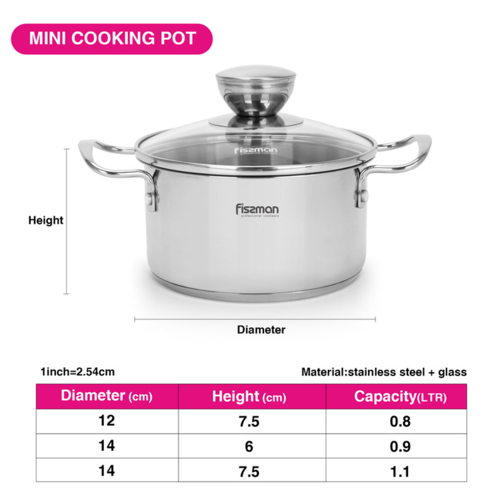 Fissman Cooking Pot with Glass Lid 14cm/0.9 LTR Stainless Steel