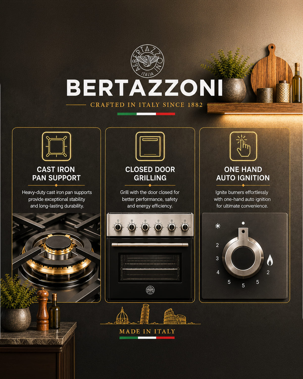 Bertazzoni Full Gas Range Cooker with Dual Fan Oven 90x60, Stainless Steel