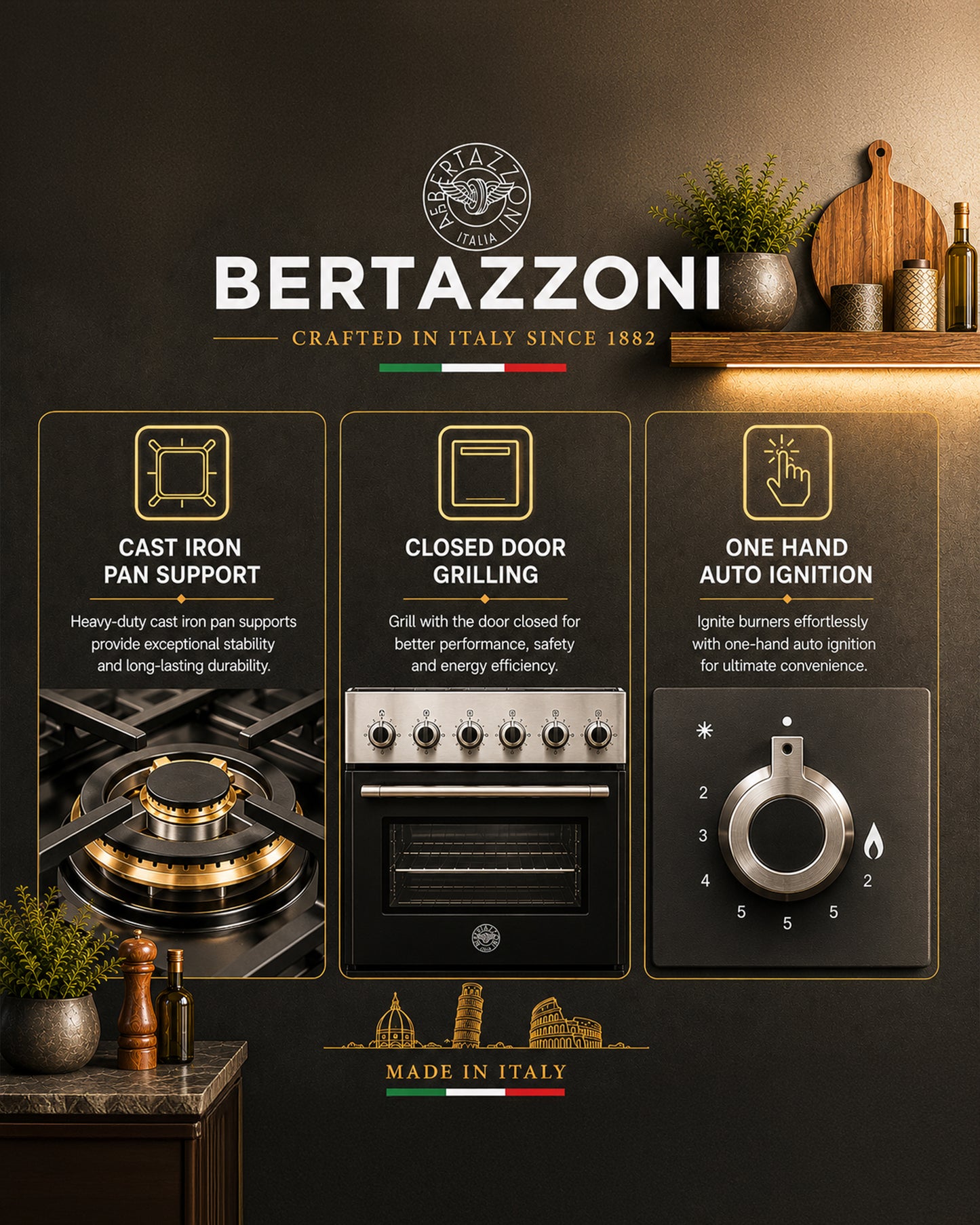 Bertazzoni Full Gas Range Cooker 90x60, Stainless Steel