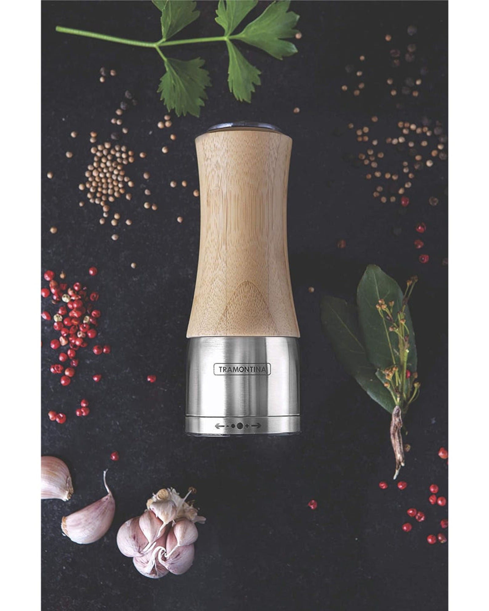 Tramontina Brazil  Realce Stainless Steel and Bamboo Salt and Pepper Mill with Ceramic Grinder