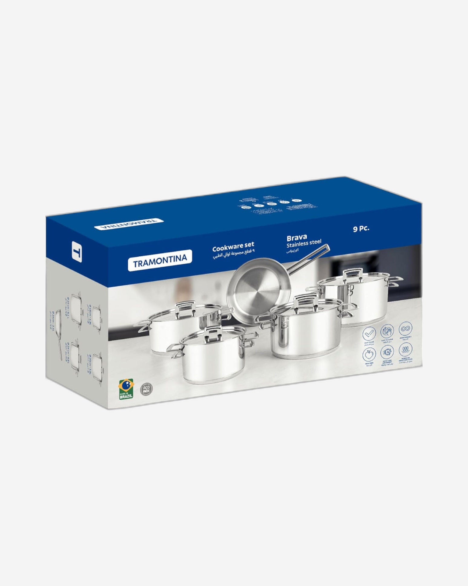 Tramontina Brazil  Brava 9 Pieces Stainless Steel Cookware Set with Flat Lid and Tri-ply Base