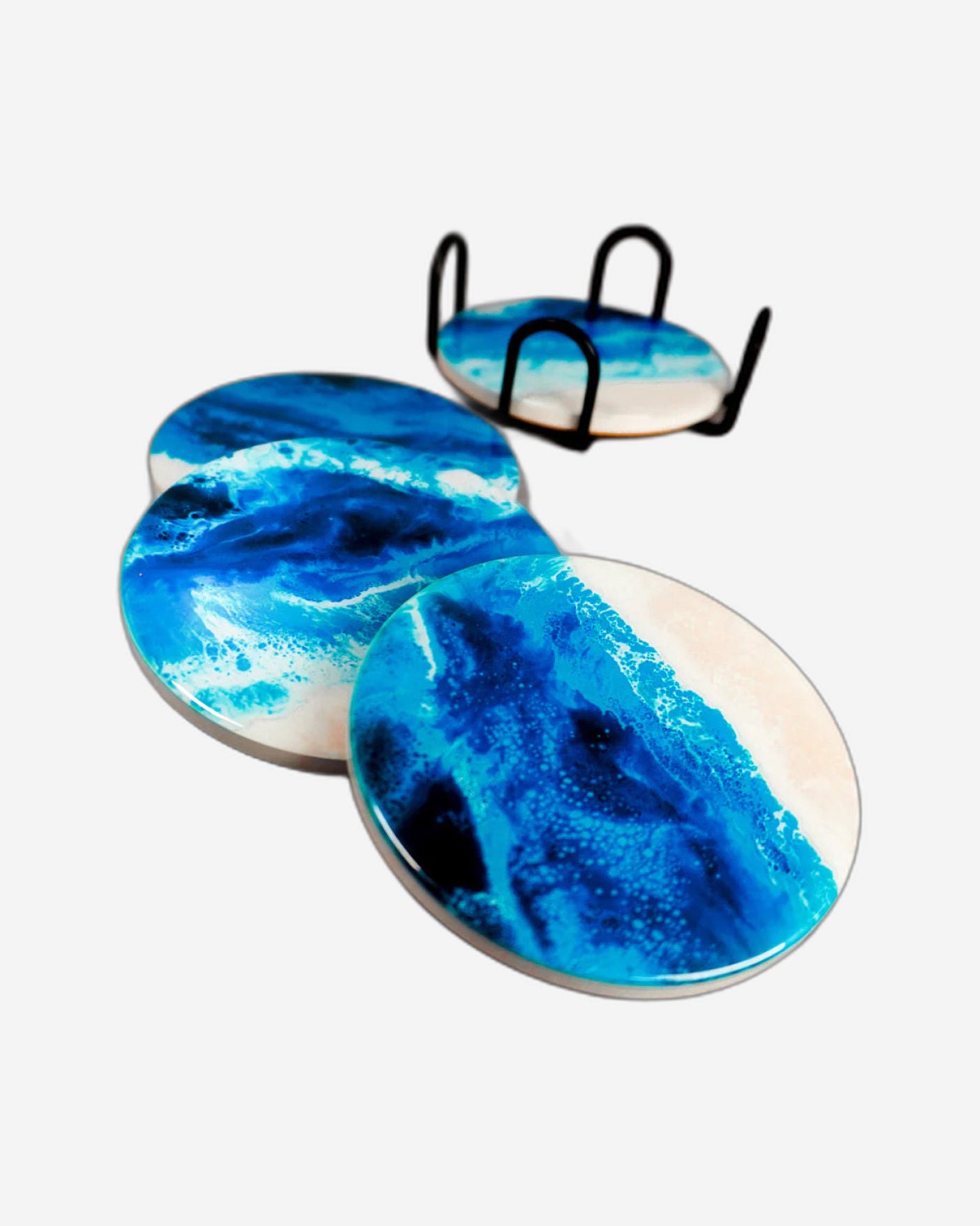 Lynn & Liana 4 Piece Printed Ceramic Coaster Set With Stand - Blue