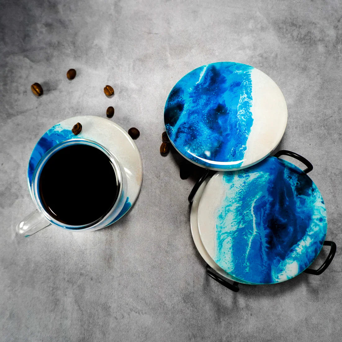 Lynn & Liana 4 Piece Printed Ceramic Coaster Set With Stand - Blue