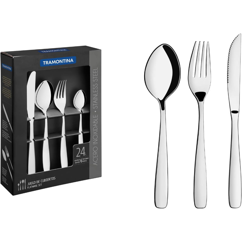 Tramontina Brazil  Amazona 24 Pieces Stainless Steel Flatware Set with Steak Knife and High Gloss Finish