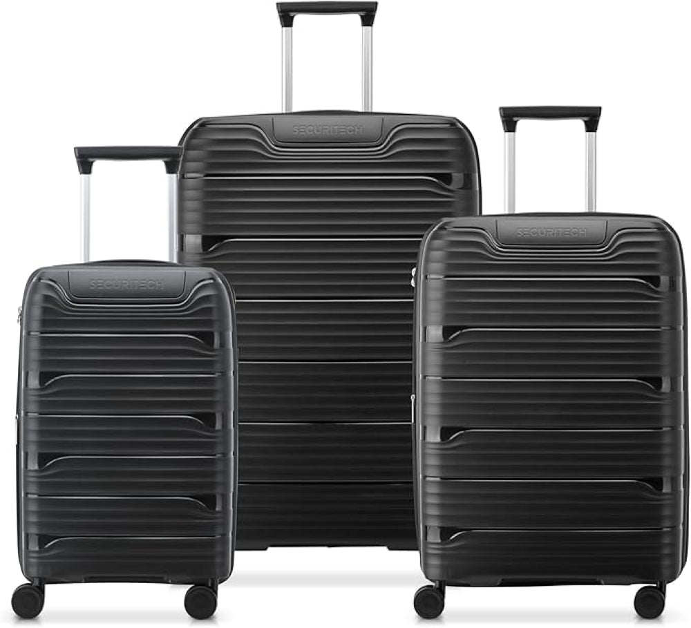 Delsey Paris Securitech Dune 3Piece SET 55+70+82cm Hardcase 4 Double Wheel Expandable Cabin & Check-In Luggage Trolley Set Black