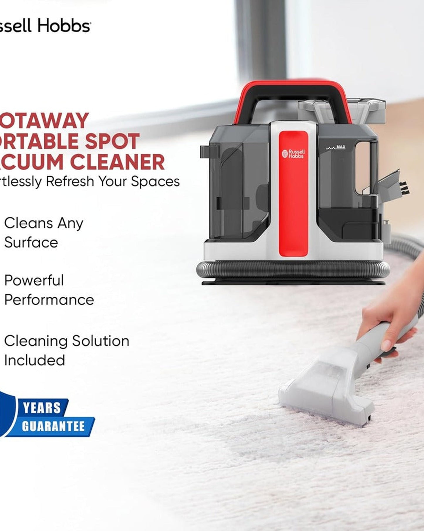 Russell Hobbs SpotAway W05 Spot Vacuum Cleaner With Self Cleaning Nozzle, Wet and Dry Stain Removal, 800ml Dirt Water & 1080ml Clean Water Tank Capacity with Soft Brush Upholstery Tool