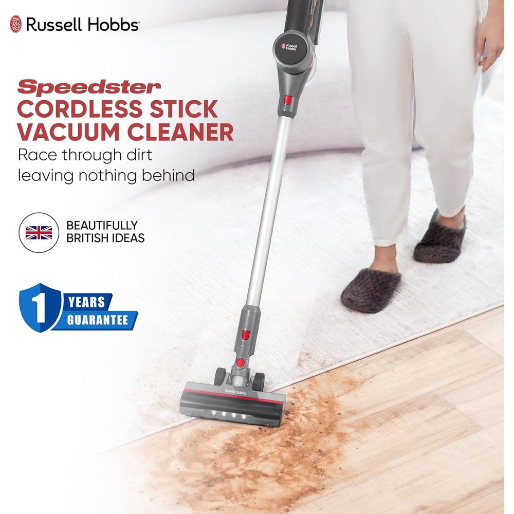 Russell Hobbs Speedster V05 Cordless Stick Vacuum Cleaner, HEPA Filter, One Touch Emptying, Wall Mount Storage with Motorized Floor Brush, Crevice Nozzle & Upholstery Tool- 0.9L Dust Capacity