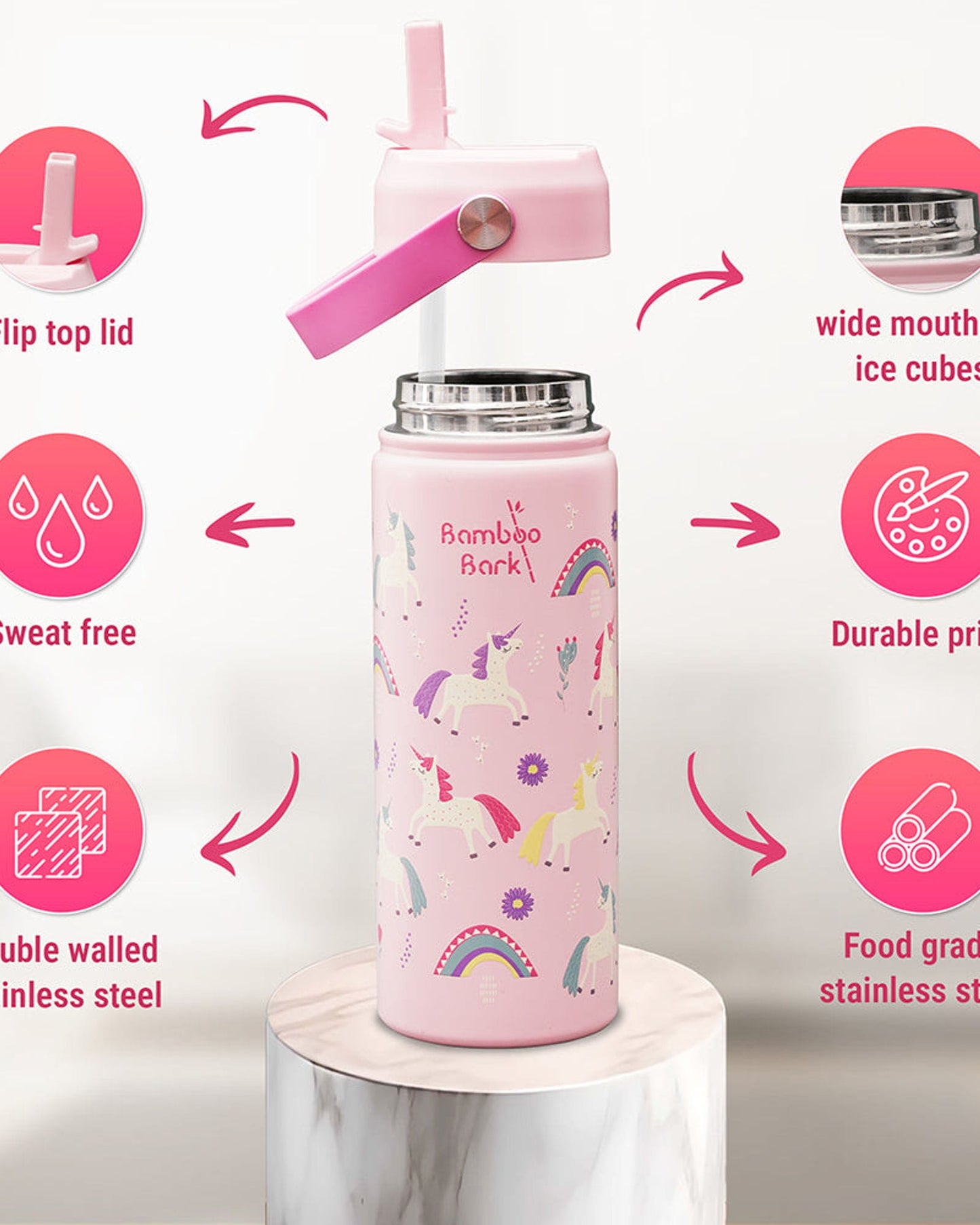 Bamboo Bark Water Bottle 500 ml for kids Unicorn Print