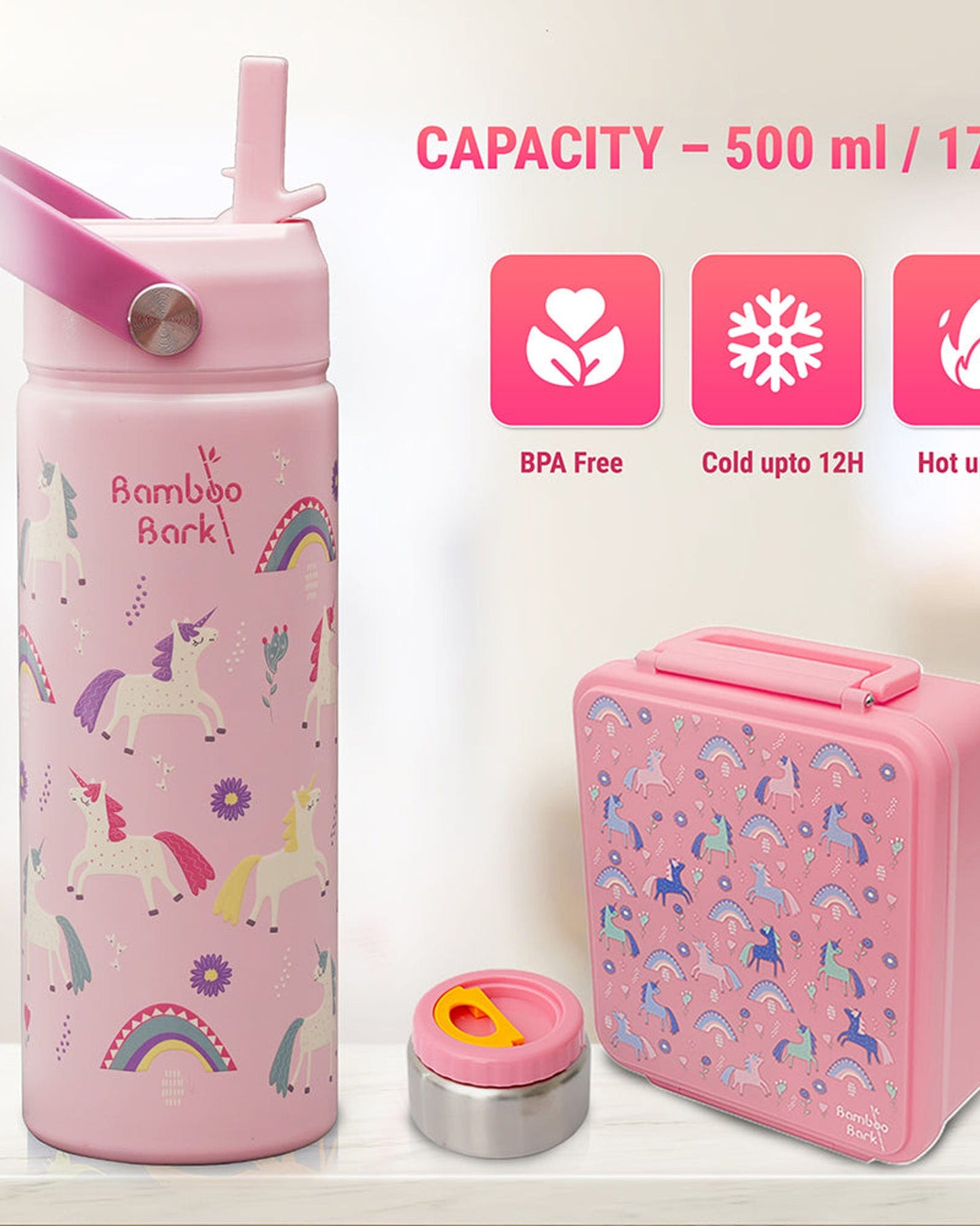 Bamboo Bark Water Bottle 500 ml for kids Unicorn Print