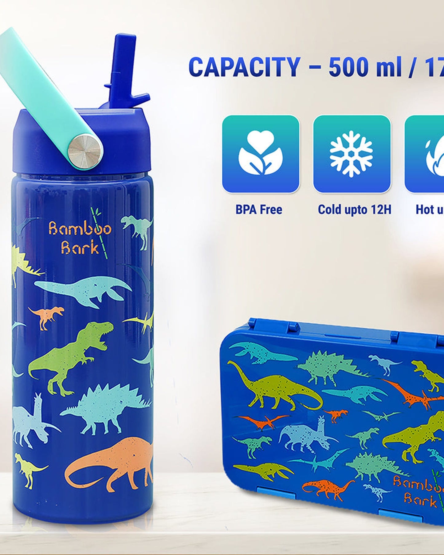 Bamboo Bark Water Bottle 500 ml for kids Dino Print