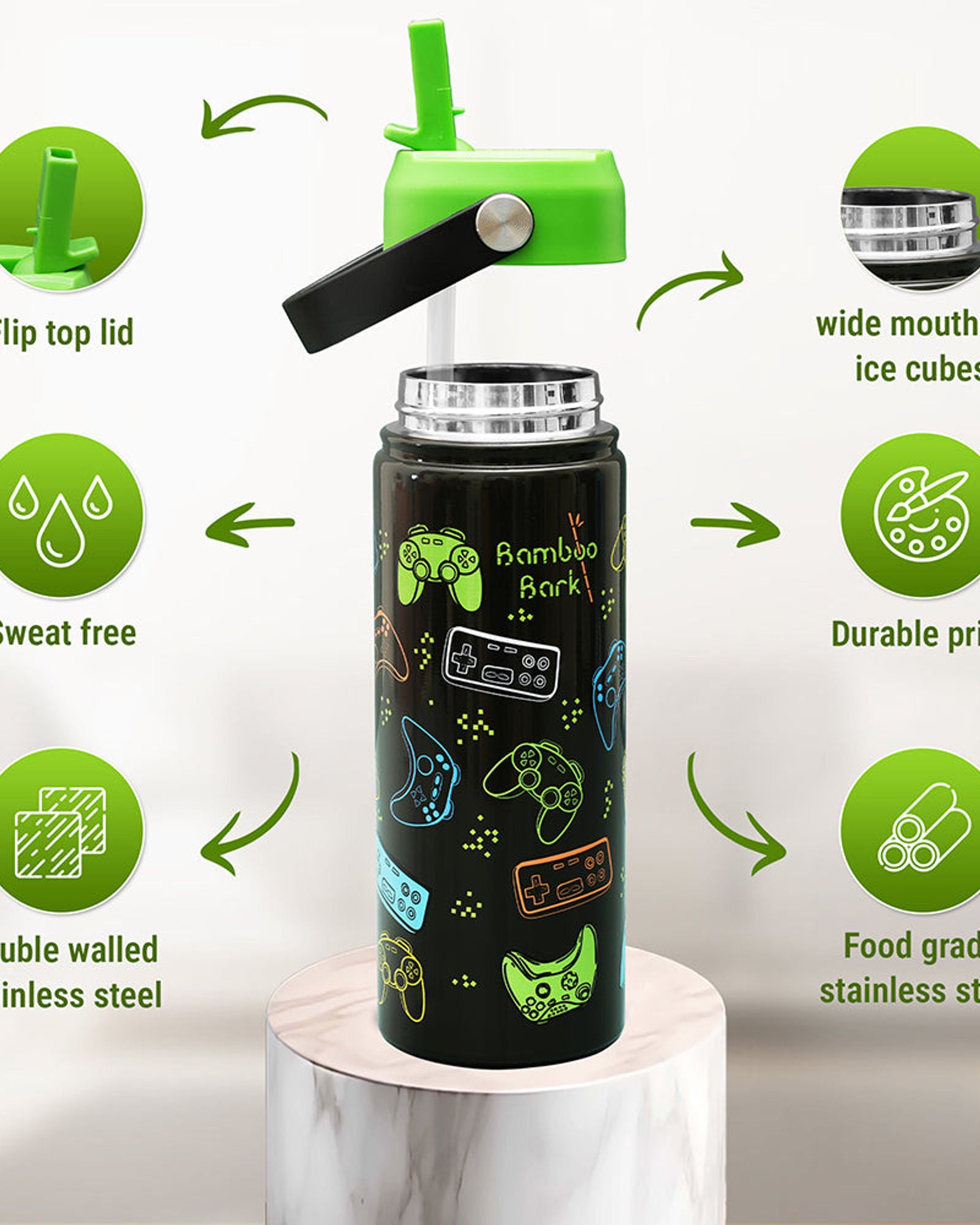 Bamboo Bark Water Bottle 500 ml for kids Gaming Print