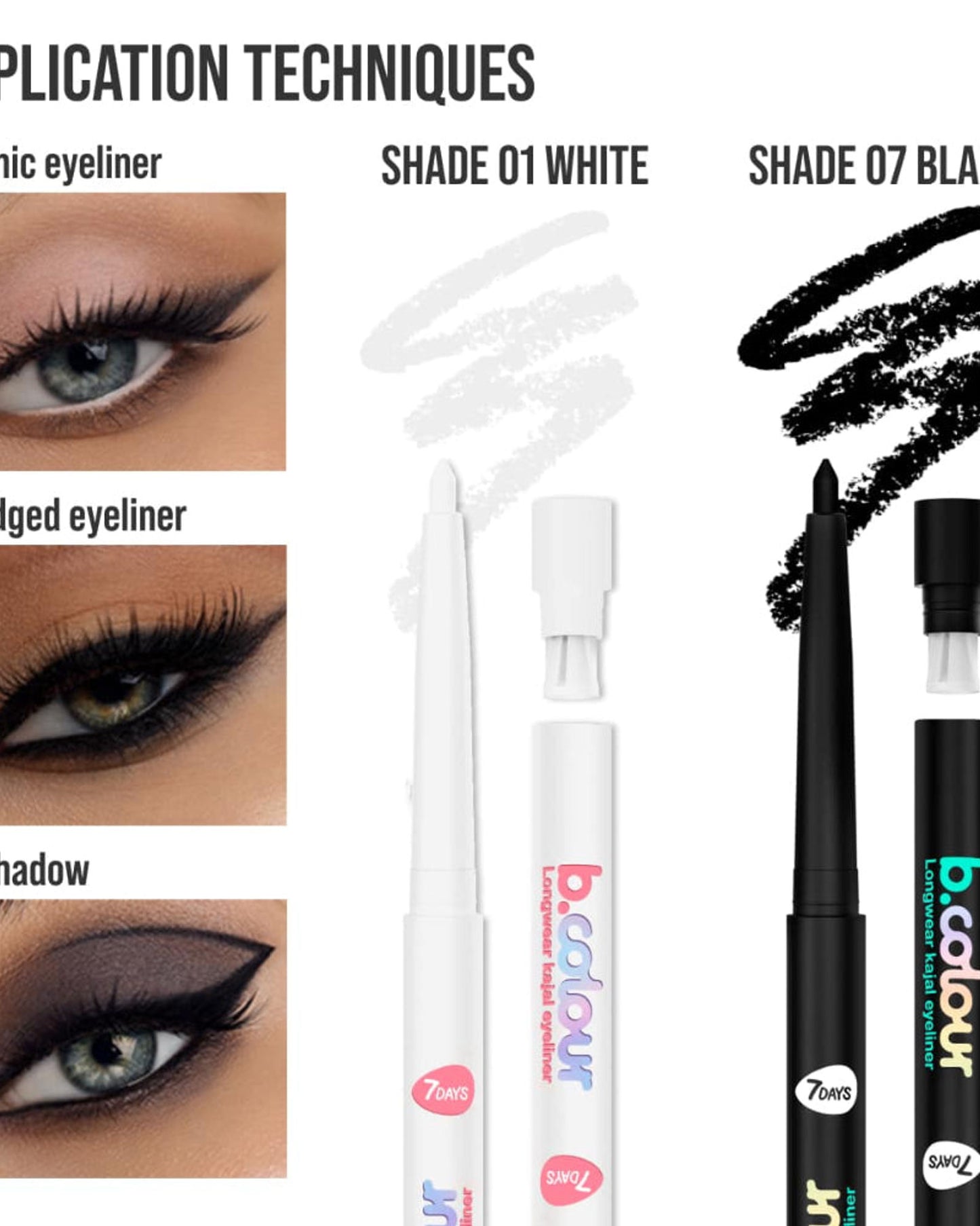 7DAYS B.COLOUR 3-in-1 Waterproof Eyeliner Pencil - White Kajal 01