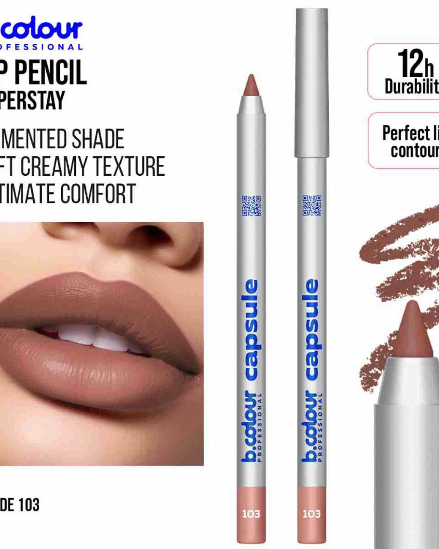 B.COLOUR PROFESSIONAL Lip Liner 103 - Long-Lasting Matte Lip Pencil in Rose Nude