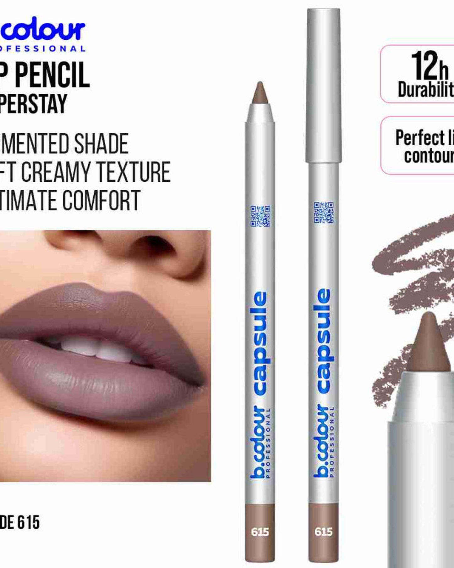 B.COLOUR PROFESSIONAL Lip Liner 615 - Long-Lasting Brown Nude Matte Lip Pencil