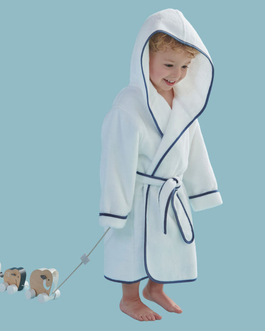 Christy "Mini Hooded" Bath Robe in White & Denim Blue