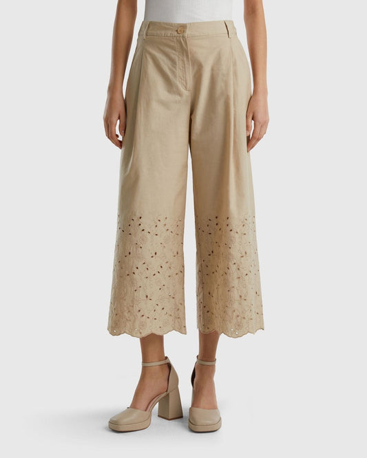 Wide trousers with broderie anglaise embroidery