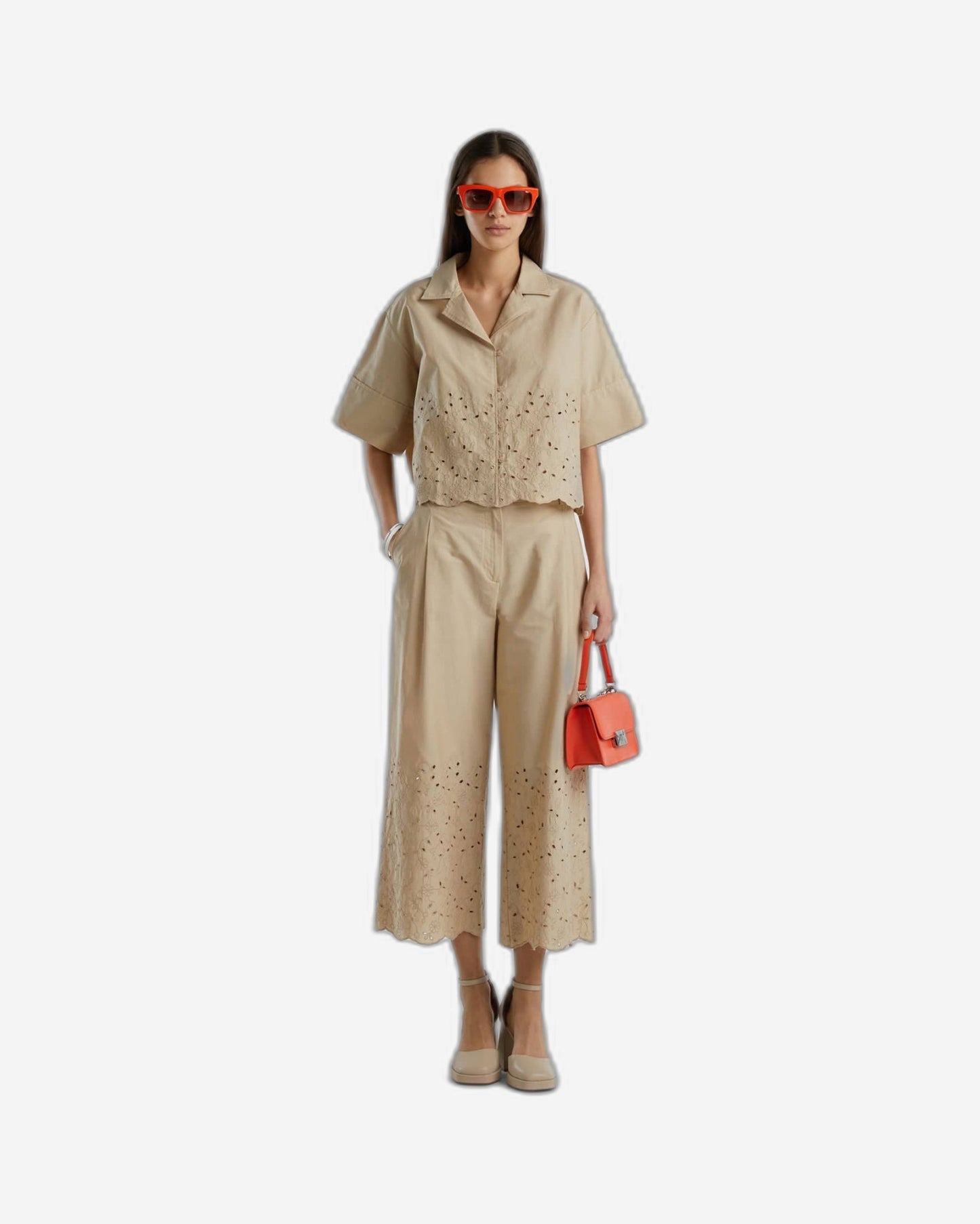 Wide trousers with broderie anglaise embroidery