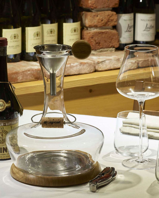Legnoart Chateau Du Gout Decanter Set Crystal & Oak,Dying Stand,Funnel,Cork Holder,Wooden Crate