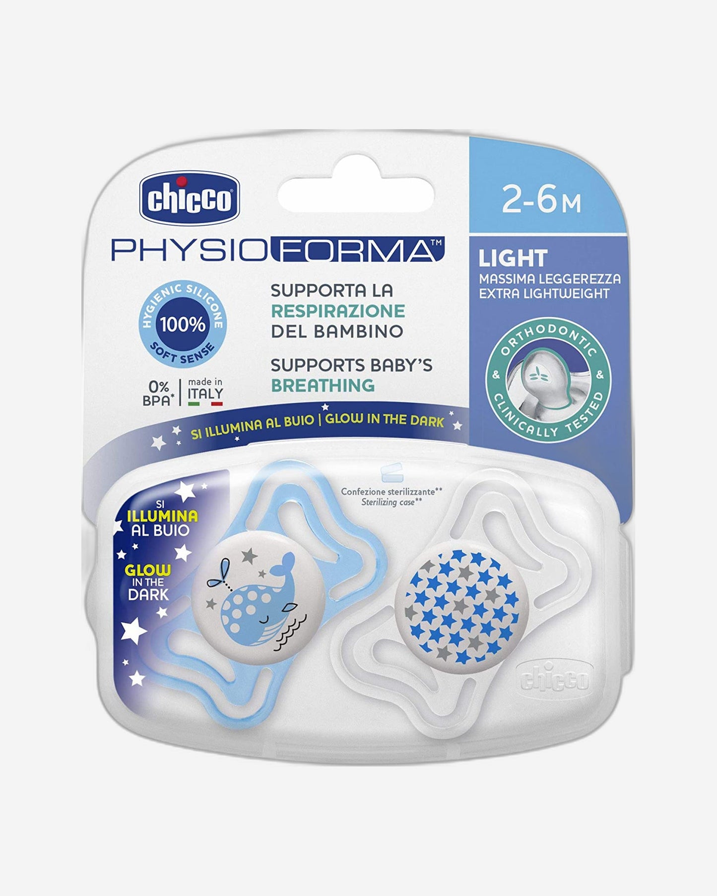 CHICCO PHYSIOFORMA LIGHT SILICONE BABY PACIFIER 2-6M 2 PCS LUMI NIGHT