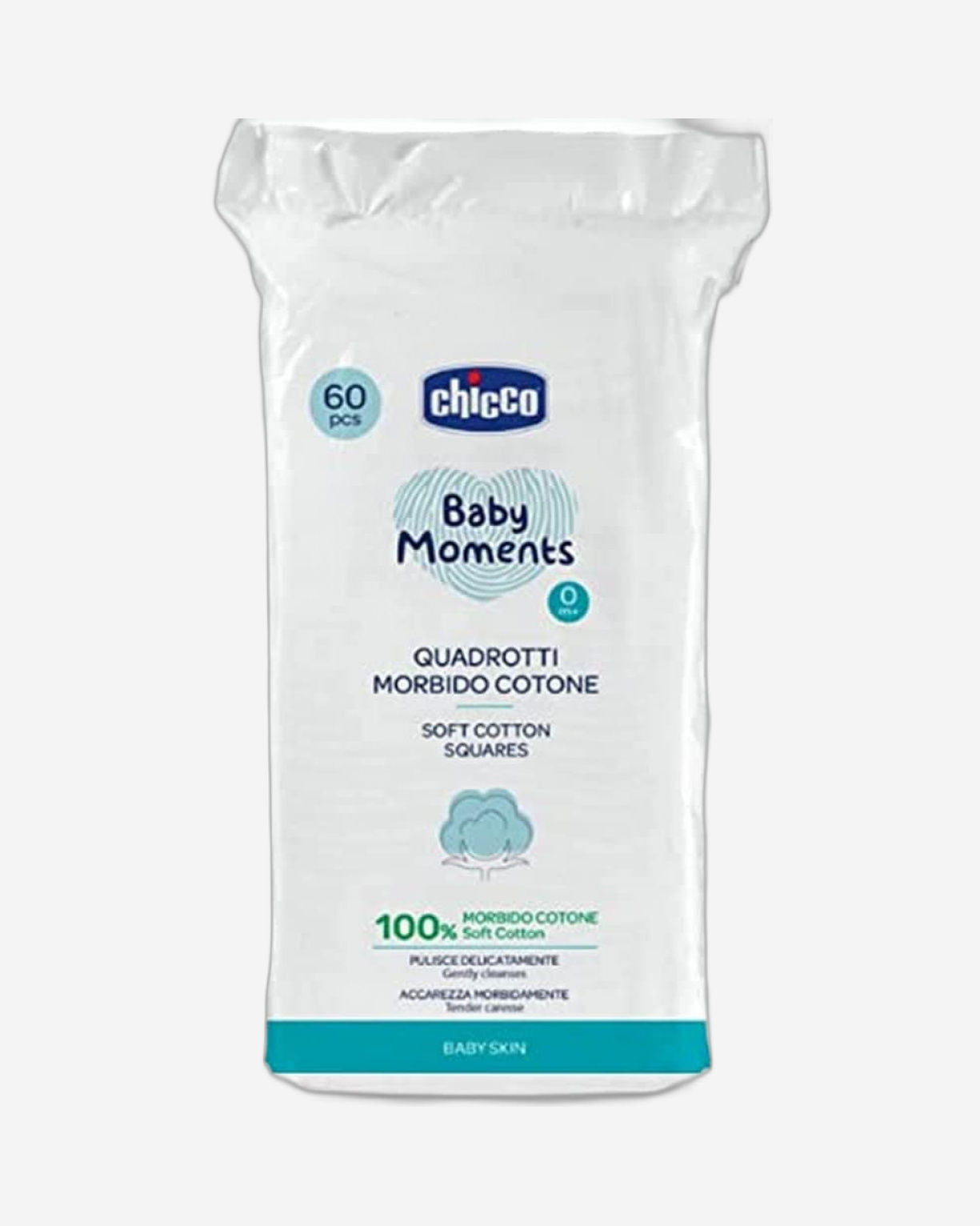 Chicco Baby Moments Soft Cotton Squares For Baby Skin 0M+ 60Pcs, Multicolor