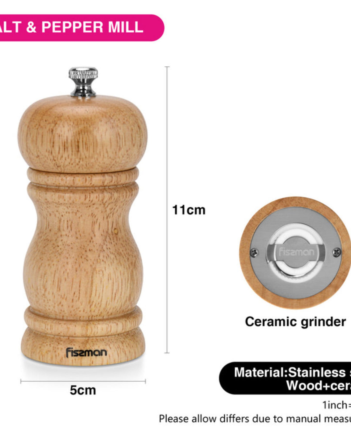 Fissman Manual Salt and Pepper Grinder 11cm, Light Brown Ceramic Mill, Adjustable Spice Grinder for Peppercorns, Salt, and Dry Spices