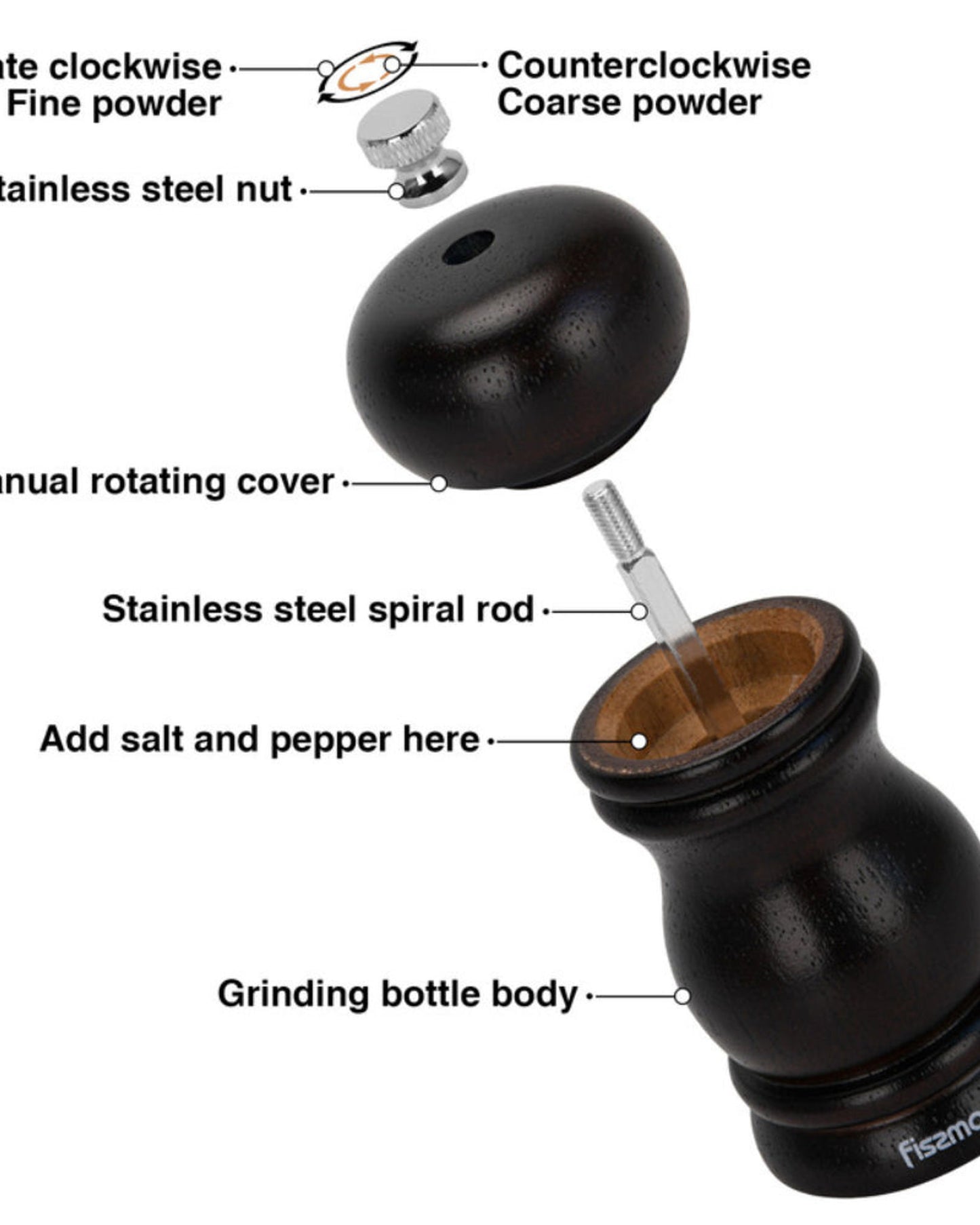 Fissman Pepper Mill Rubber Wood Body with S/S Grinder 11cm For Peppercorn And Dry Spices, Stylish With Simple Design