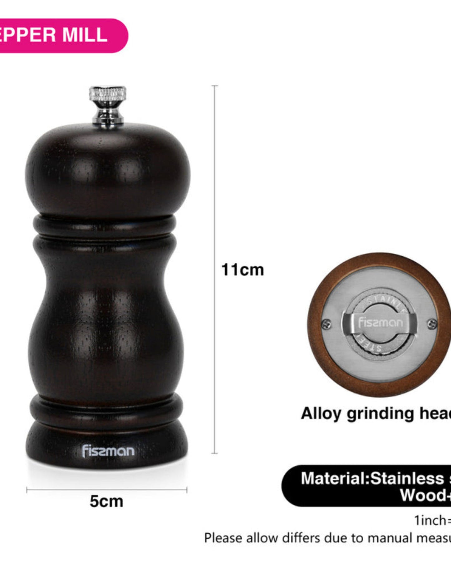 Fissman Pepper Mill Rubber Wood Body with S/S Grinder 11cm For Peppercorn And Dry Spices, Stylish With Simple Design