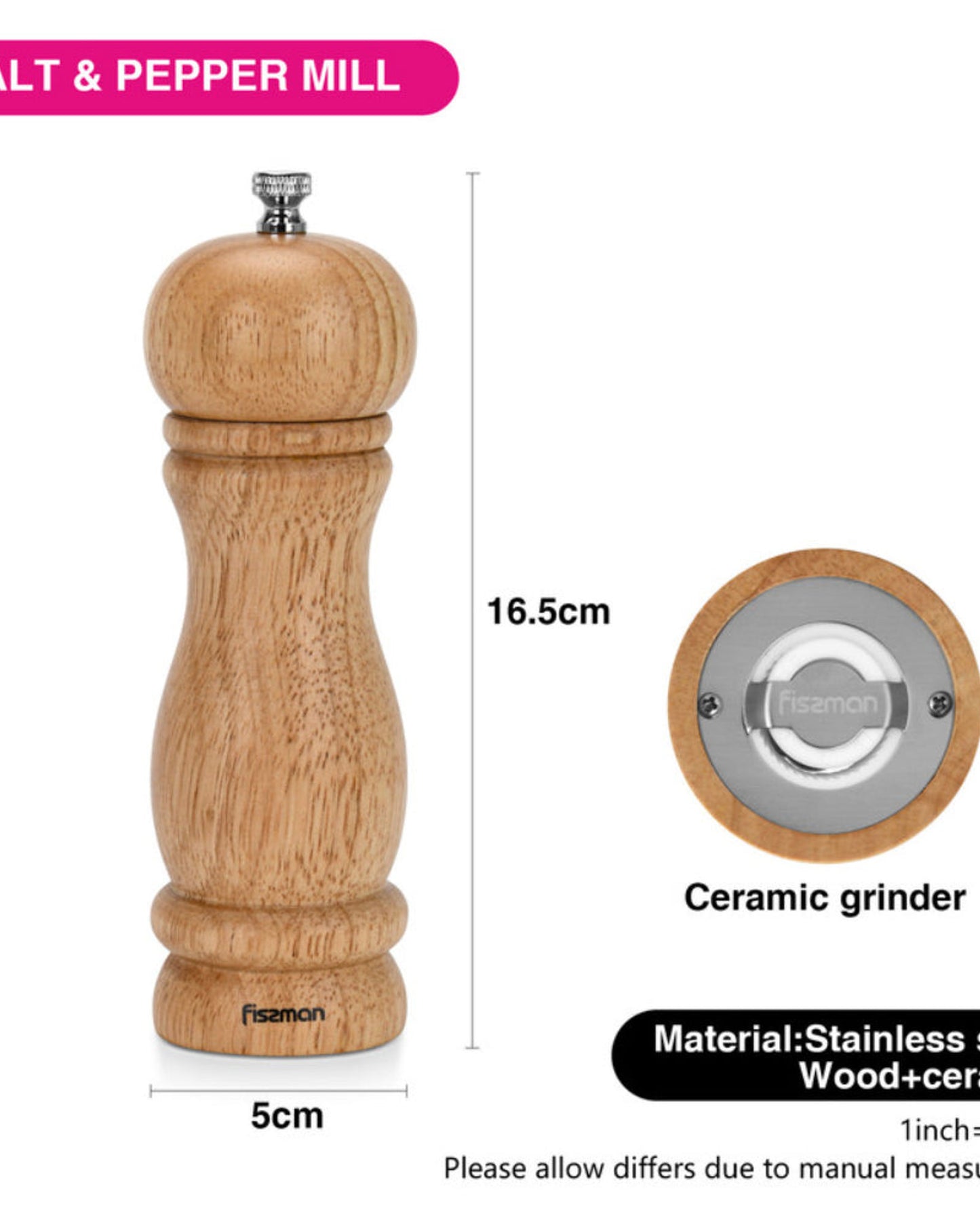 Fissman Manual Salt and Pepper Grinder 16.5cm, Light Brown Ceramic Mill, Adjustable Spice Grinder for Peppercorns, Salt, and Dry Spices