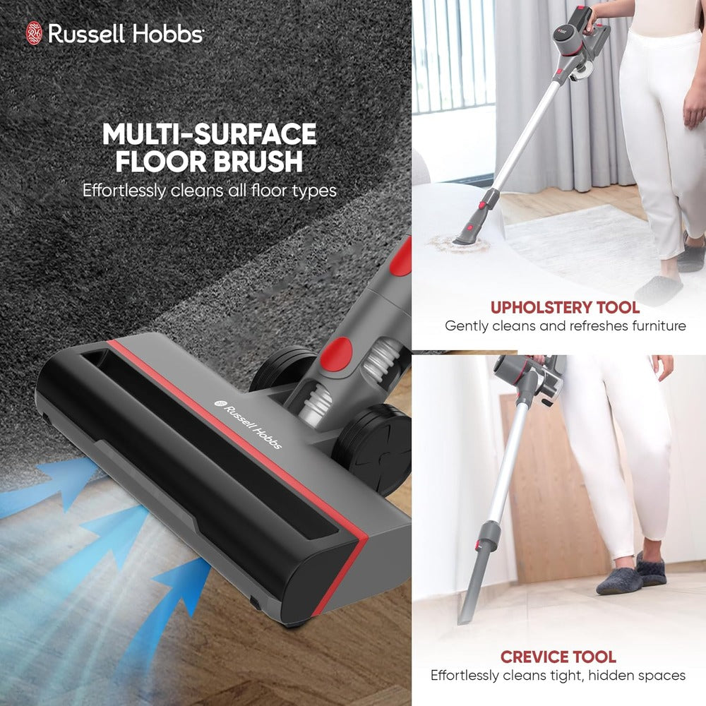 Russell Hobbs Speedster V05 Cordless Stick Vacuum Cleaner, HEPA Filter, One Touch Emptying, Wall Mount Storage with Motorized Floor Brush, Crevice Nozzle & Upholstery Tool- 0.9L Dust Capacity