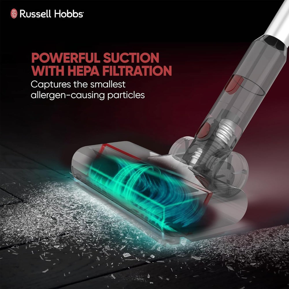 Russell Hobbs Speedster V05 Cordless Stick Vacuum Cleaner, HEPA Filter, One Touch Emptying, Wall Mount Storage with Motorized Floor Brush, Crevice Nozzle & Upholstery Tool- 0.9L Dust Capacity
