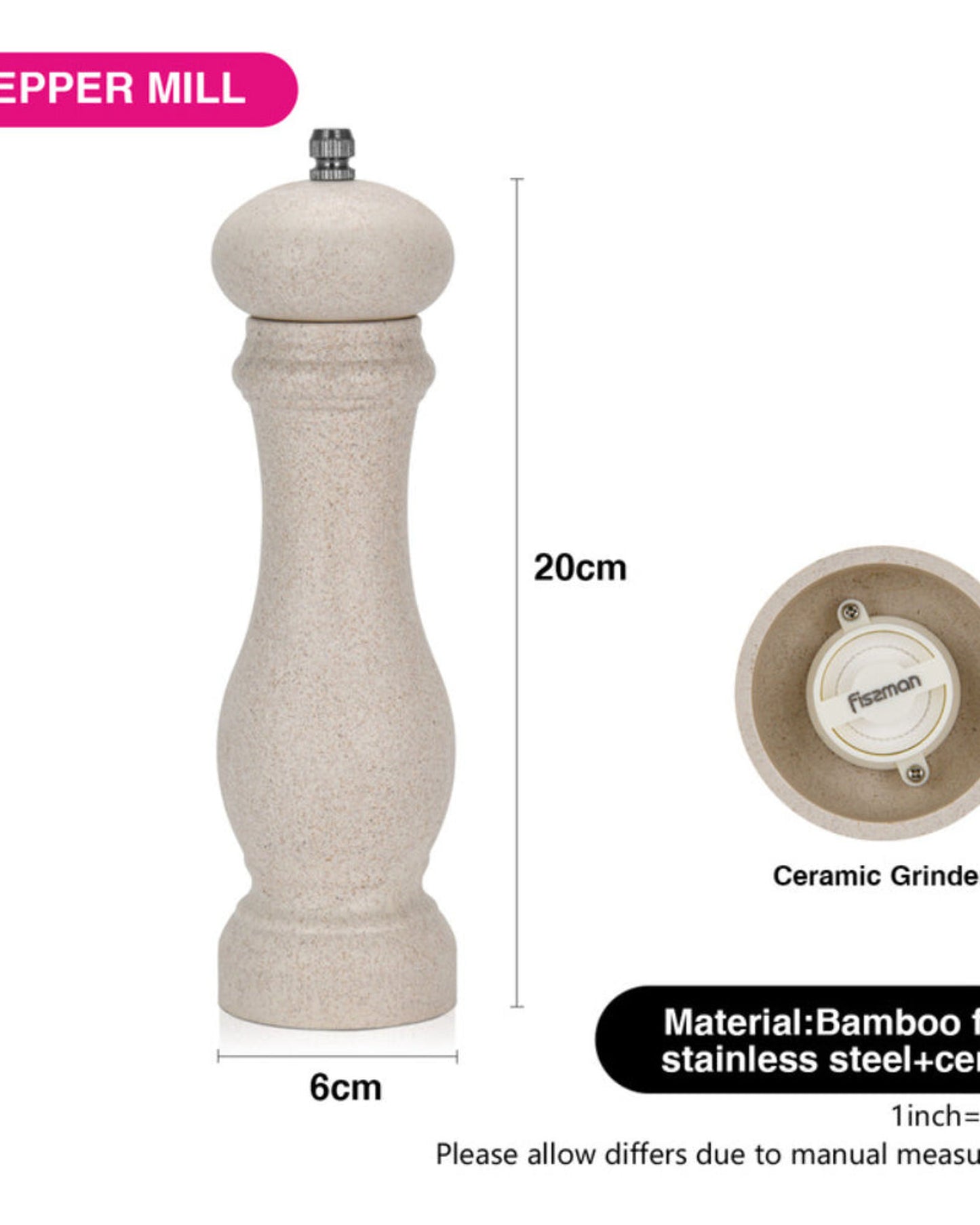 Fissman Pepper Mill 20cm (Bamboo Fiber Body With Ceramic Grinder)
