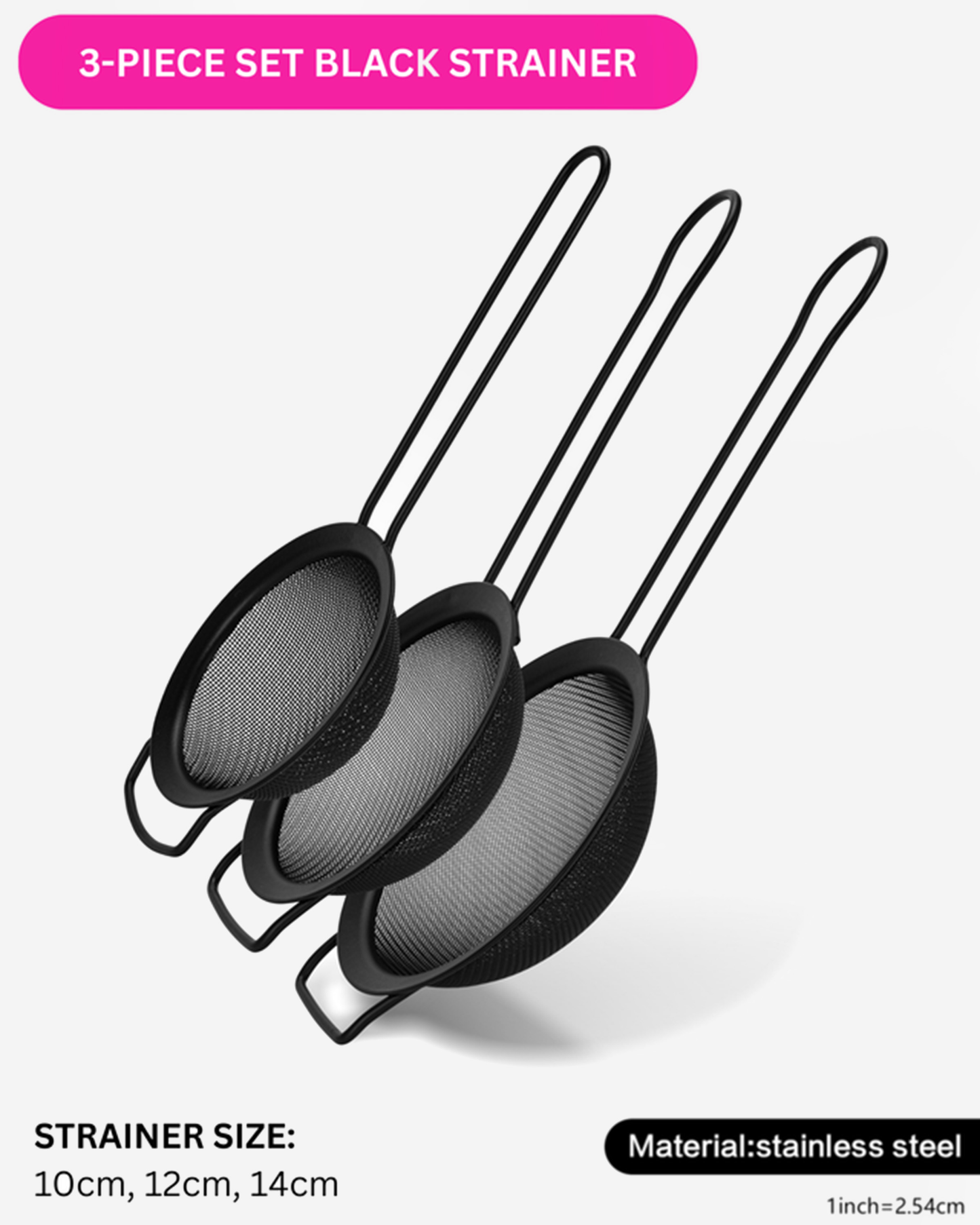 Fissman Fine Mesh Strainer Set Black 10cm, 12cm, 14cm 3 Piece