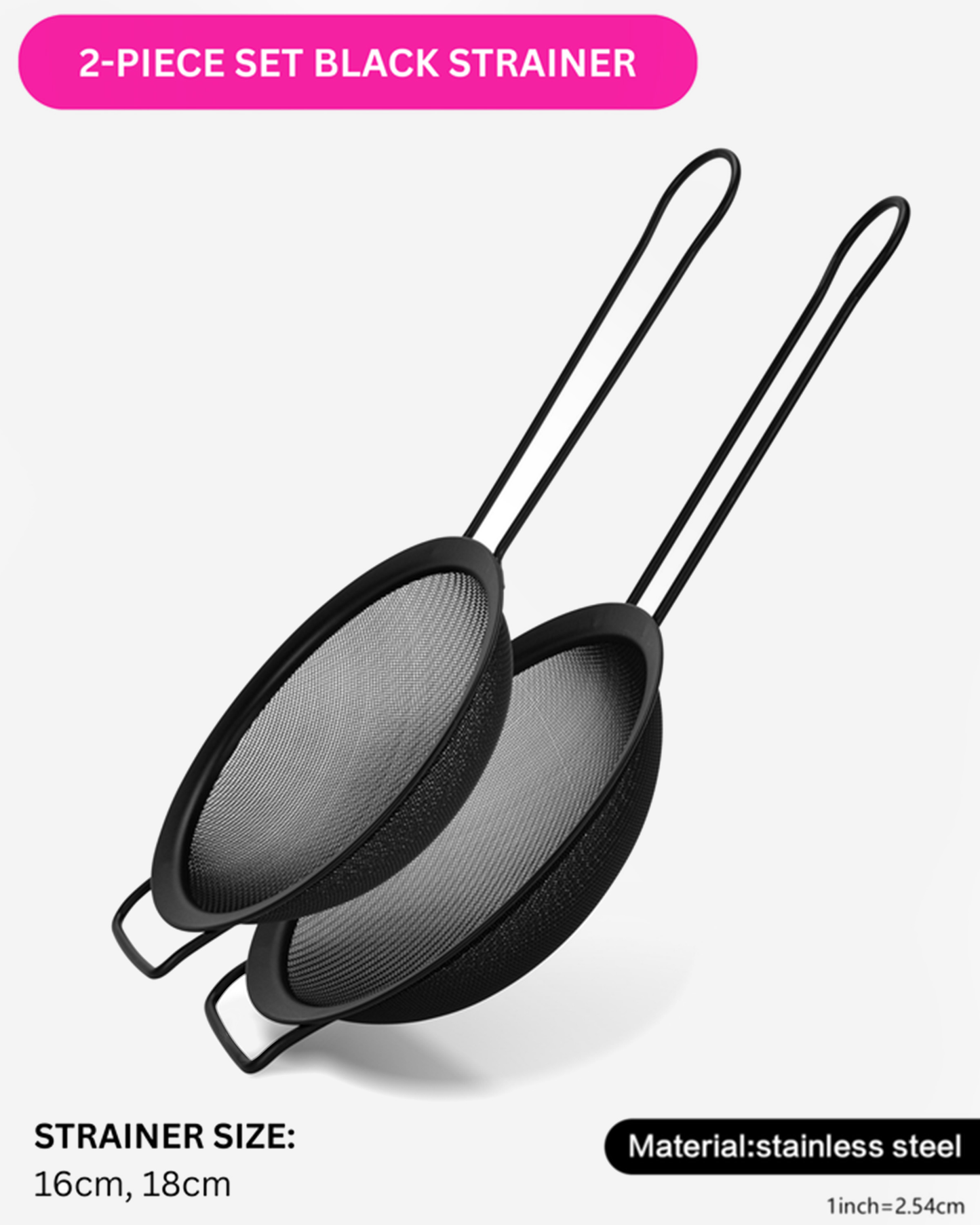 Fissman Fine Mesh Strainer Set Black 16cm, 18cm 2 Piece
