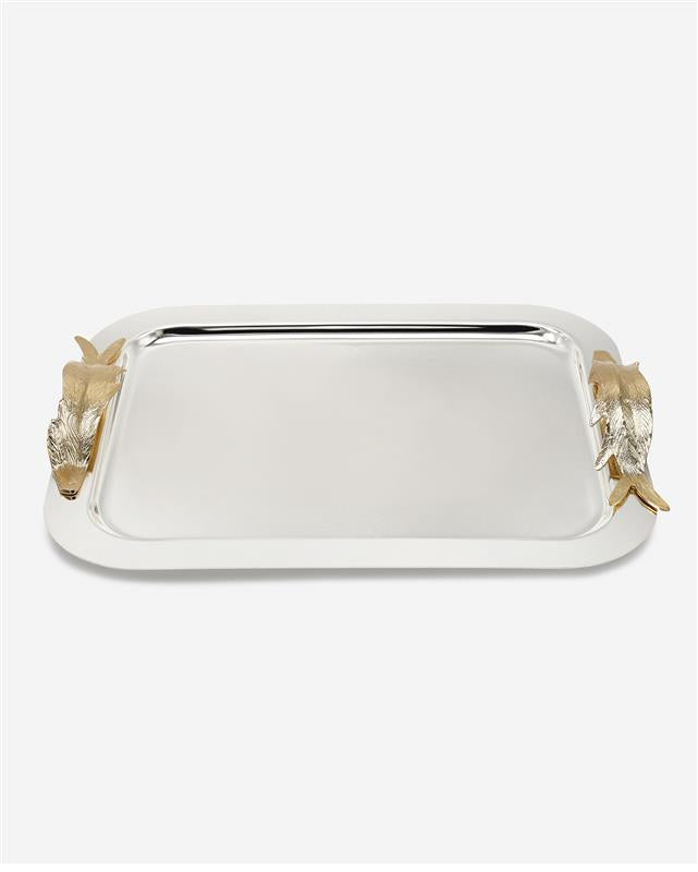 Pantazelos Tray 43x33 Plain Silver Plated With Antique Finish Gold Plated Handles