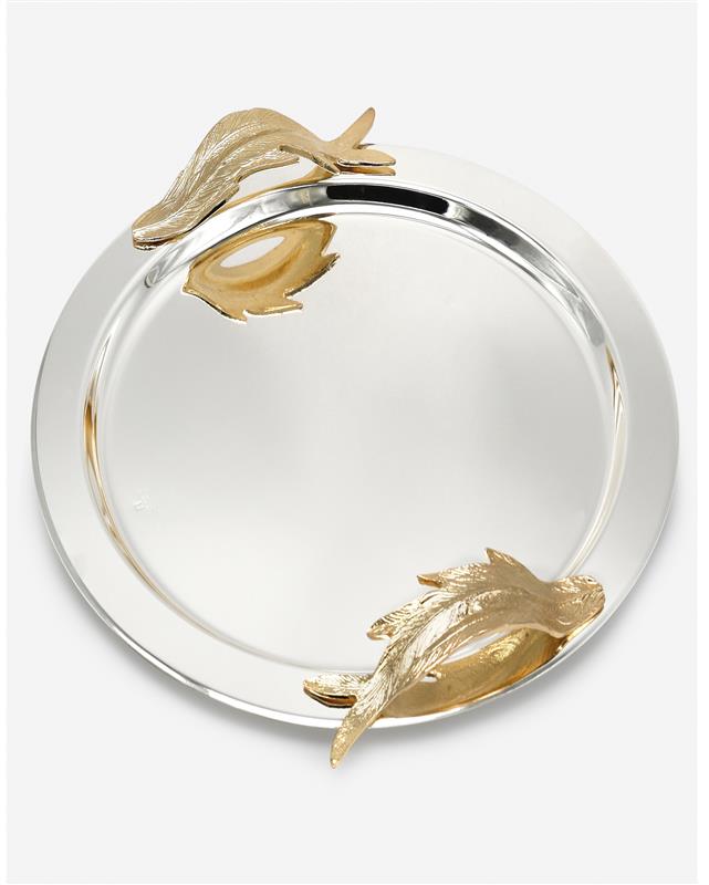 Pantazelos Tray Plain Silver Plated With Antique Finish  With Gold Plated  Handles 38cm