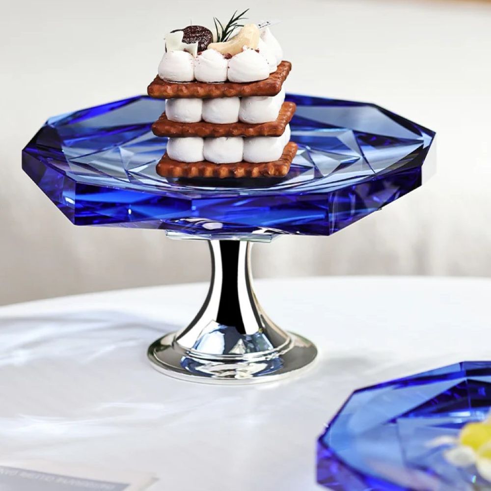 Winko Compote Round Dish With Pedestal 20cm Diamond Handmade Lead Free K9 Sapphire Blue Crystal Rose
