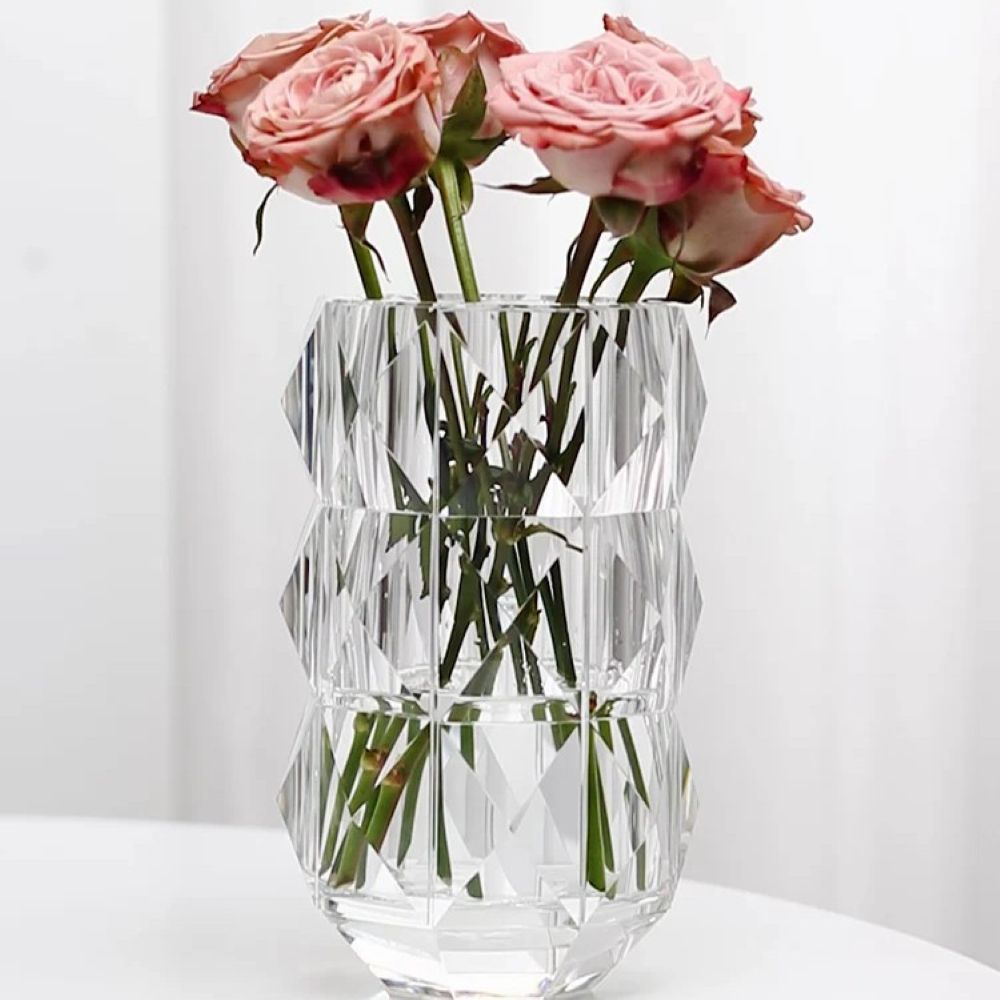 Winko Small Diamond Cut Round Vase 10cm Diamond X 16cm Handmade Lead Free K9 Crystal.