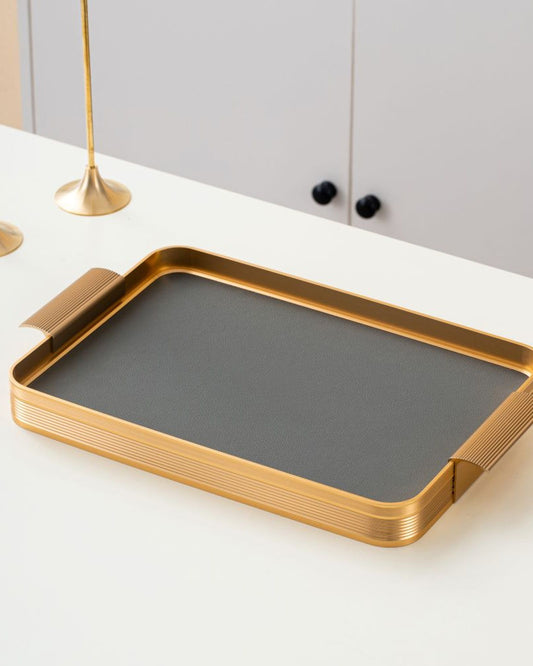 Chaoan Amber Large Leather Tray - Shiny Grey With Gold (Size Without Handle 49X32X3.6Cm)