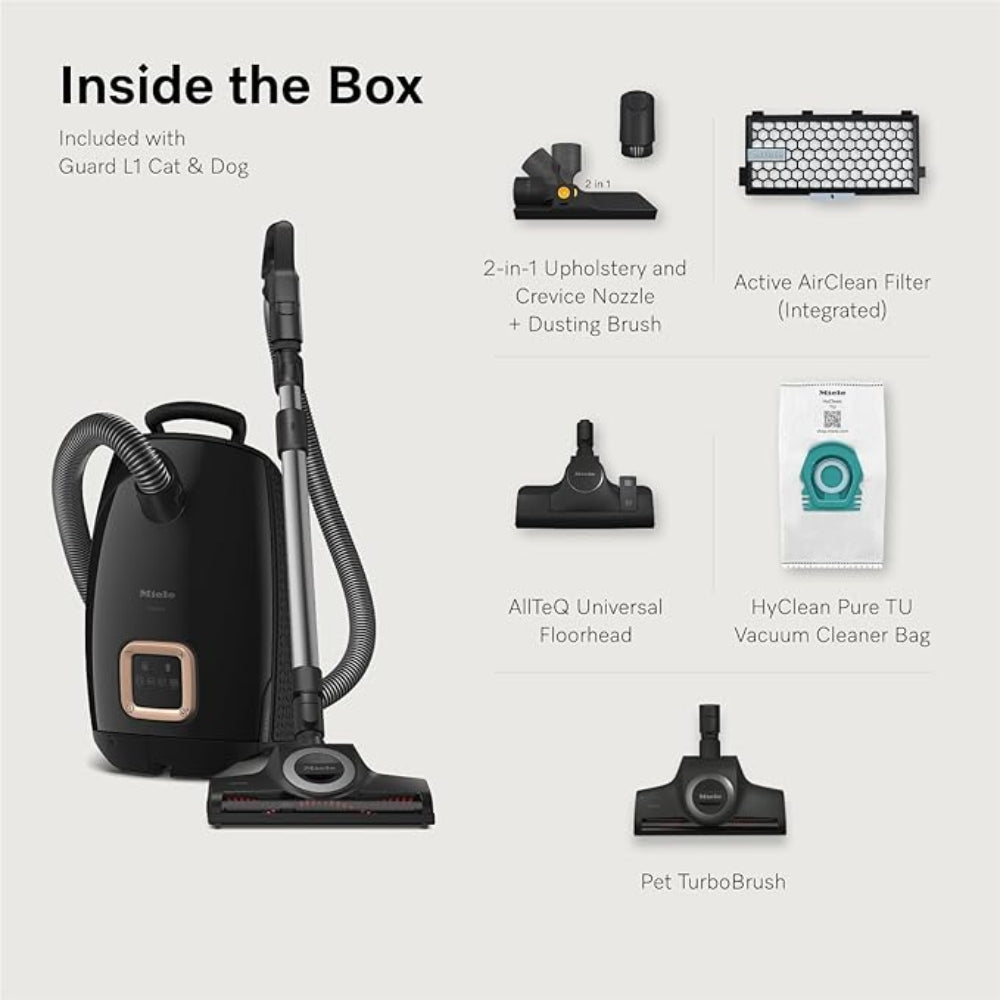 Miele Guard L1 Cat & Dog Bagged Cylinder Vacuum with Odour-Reducing Active AirClean Filter, TurboTeQ and AllTeQ Floorheads, LED Display, in Obsidian Black