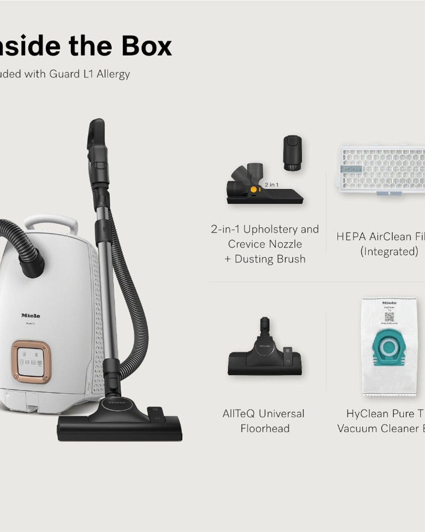Miele Guard L1 Allergy Bagged Cylinder Vacuum Cleaner with Comfortable Handle Control, HEPA AirClean Filter, AllTeQ Universal Floorhead, LED Display Panel, in Brilliant White