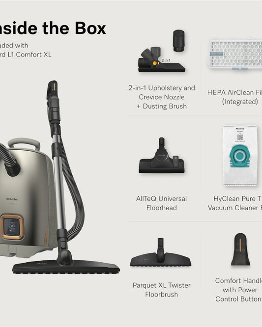 Miele Guard L1 Comfort XL Bagged Cylinder Vacuum Cleaner with Comfort Handle, AllTeQ and Parquet Twister XL Floorheads, LCD Display, in Titanium Pearl Finish