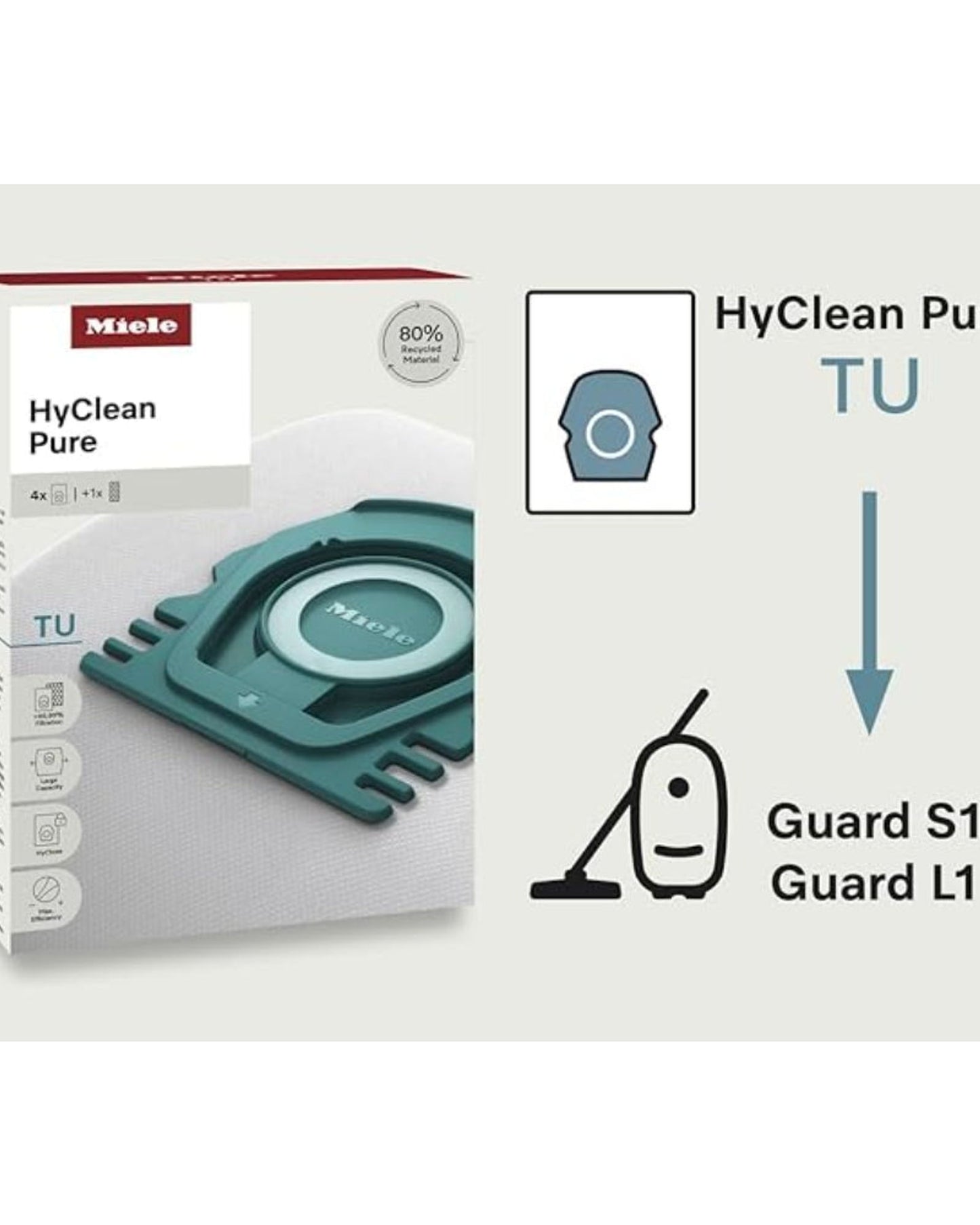 Miele HyClean Pure TU Vacuum Cleaner Dust Bags for All Miele Guard L1 and Guard S1 Models, Pack of 4 Dust Bags and 1 AirClean Exhaust Filter