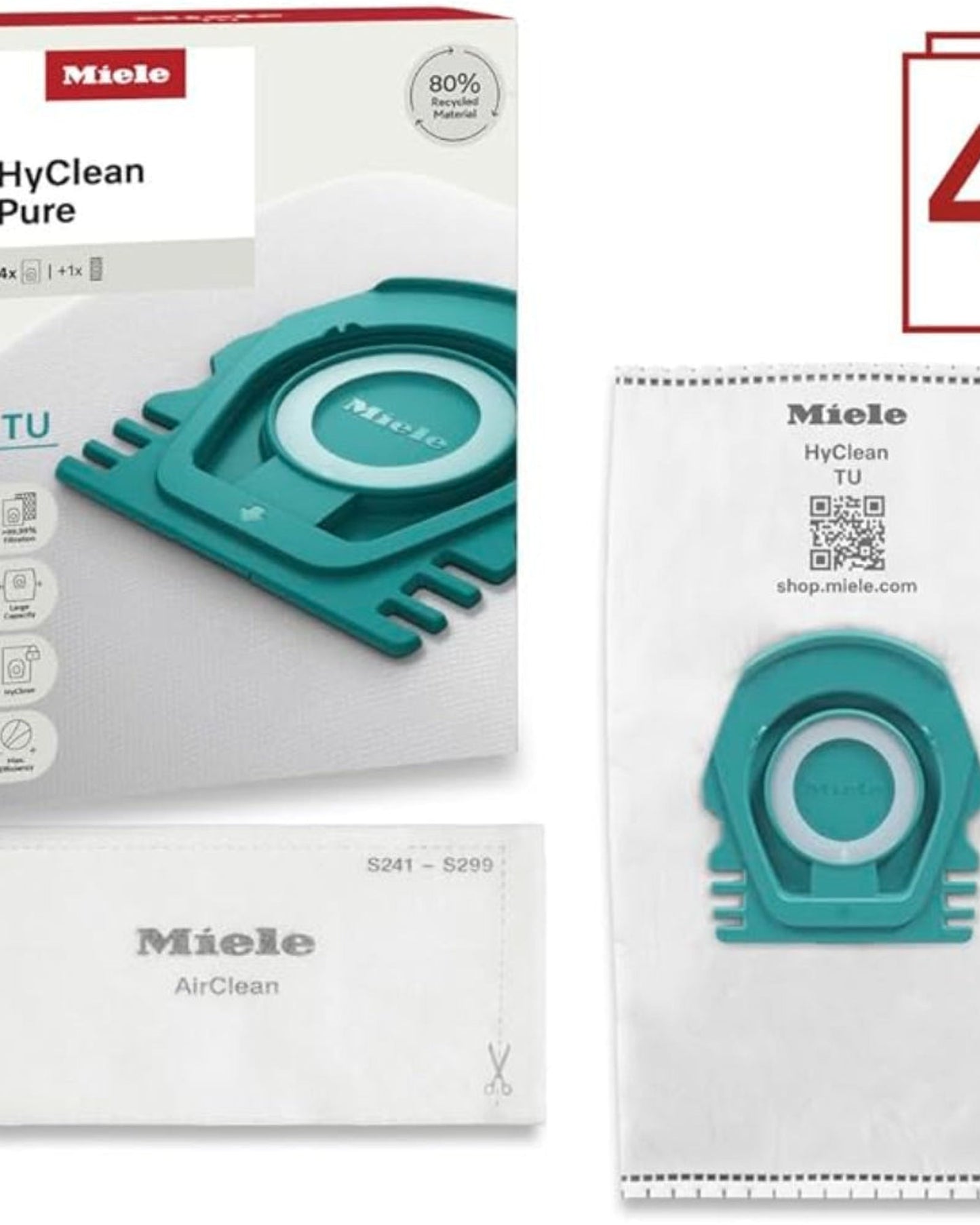 Miele HyClean Pure TU Vacuum Cleaner Dust Bags for All Miele Guard L1 and Guard S1 Models, Pack of 4 Dust Bags and 1 AirClean Exhaust Filter